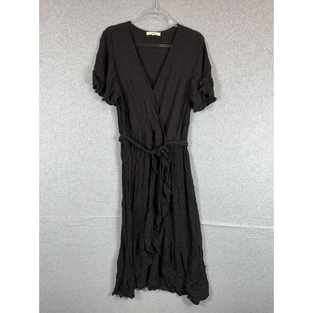Rewind Dress Womens 2XL Black Maxi Crinkle Short Sleeve Belted Boho Flowy Rayon